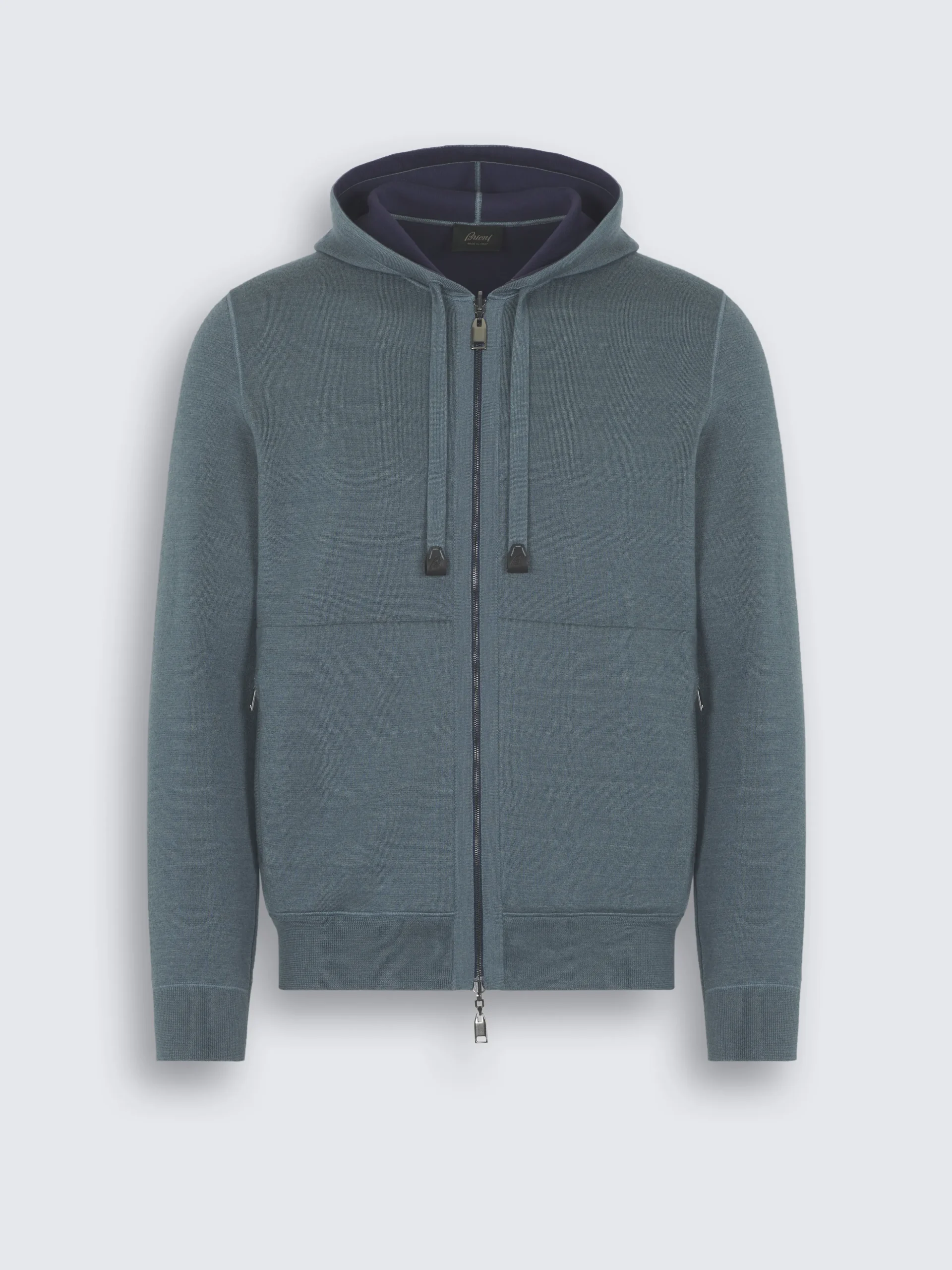 Petroleum blue cashmere, silk and cotton reversible hoodie
