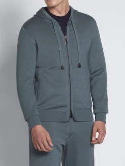 Petroleum blue cashmere, silk and cotton reversible hoodie