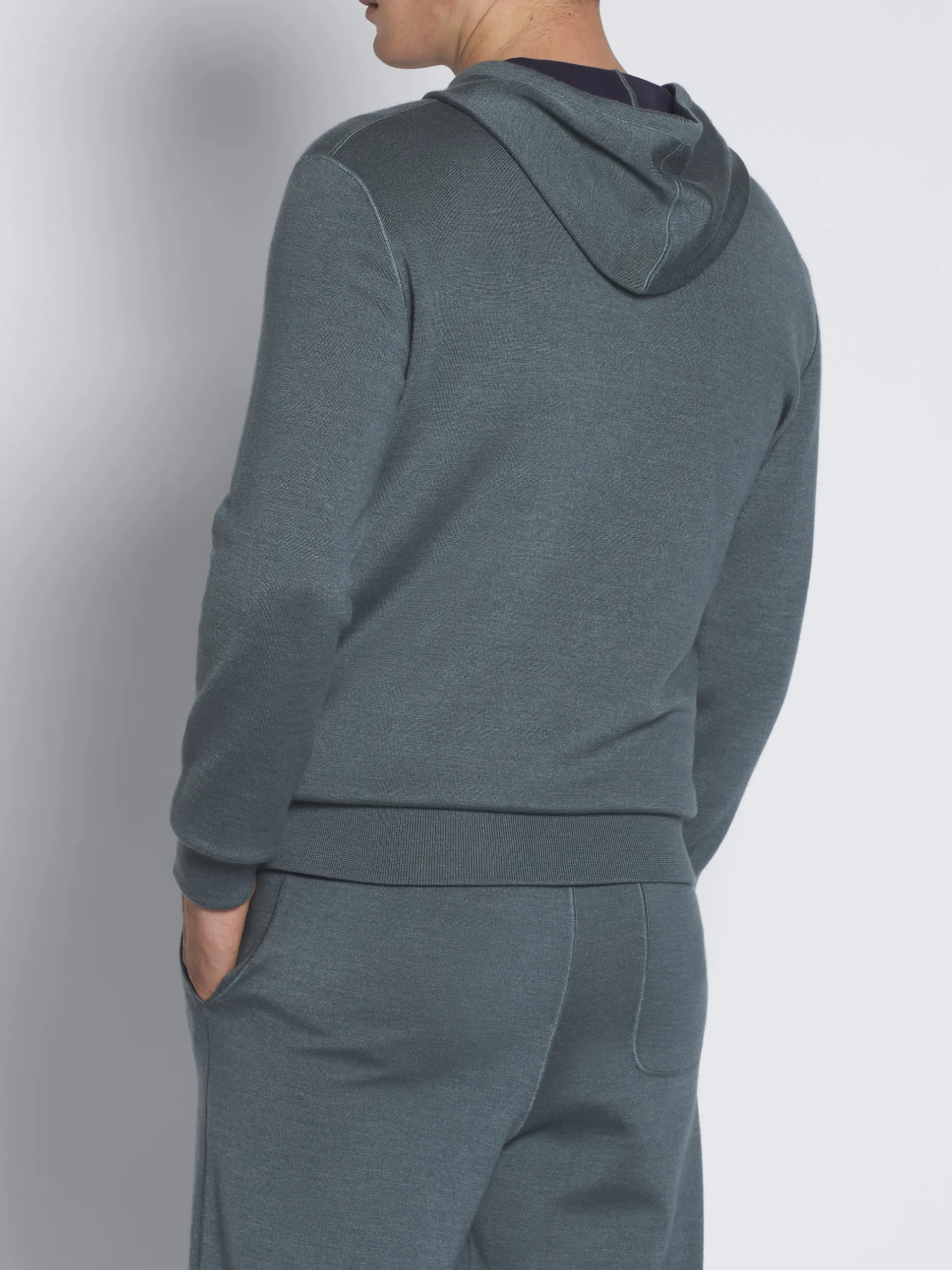 Petroleum blue cashmere, silk and cotton reversible hoodie