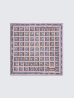 Pink and sky blue motif silk pocket square
