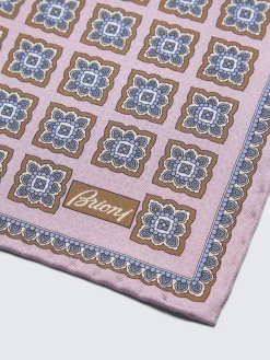 Pink and sky blue motif silk pocket square