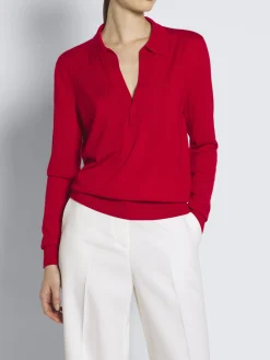 Red cashmere and silk long-sleeved polo