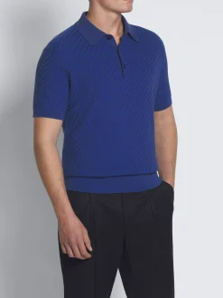 Royal and navy blue cotton, silk and cashmere Trama weave polo