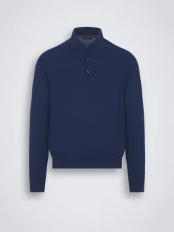 Royal blue vicuña and cashmere Trama weave polo sweater