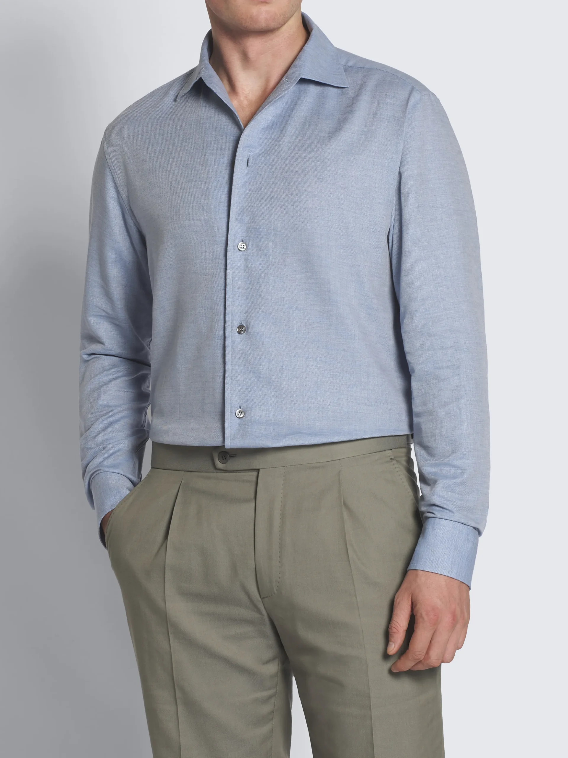 Sky blue cotton and cashmere Capri collar shirt