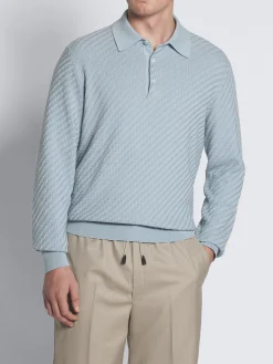 Sky blue cotton, silk and cashmere Trama weave long-sleeved polo