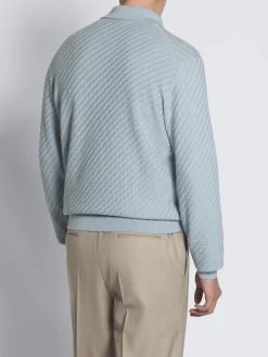 Sky blue cotton, silk and cashmere Trama weave long-sleeved polo