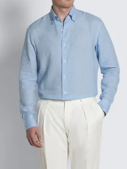 Sky blue linen hidden button-down shirt