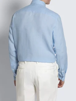 Sky blue linen hidden button-down shirt