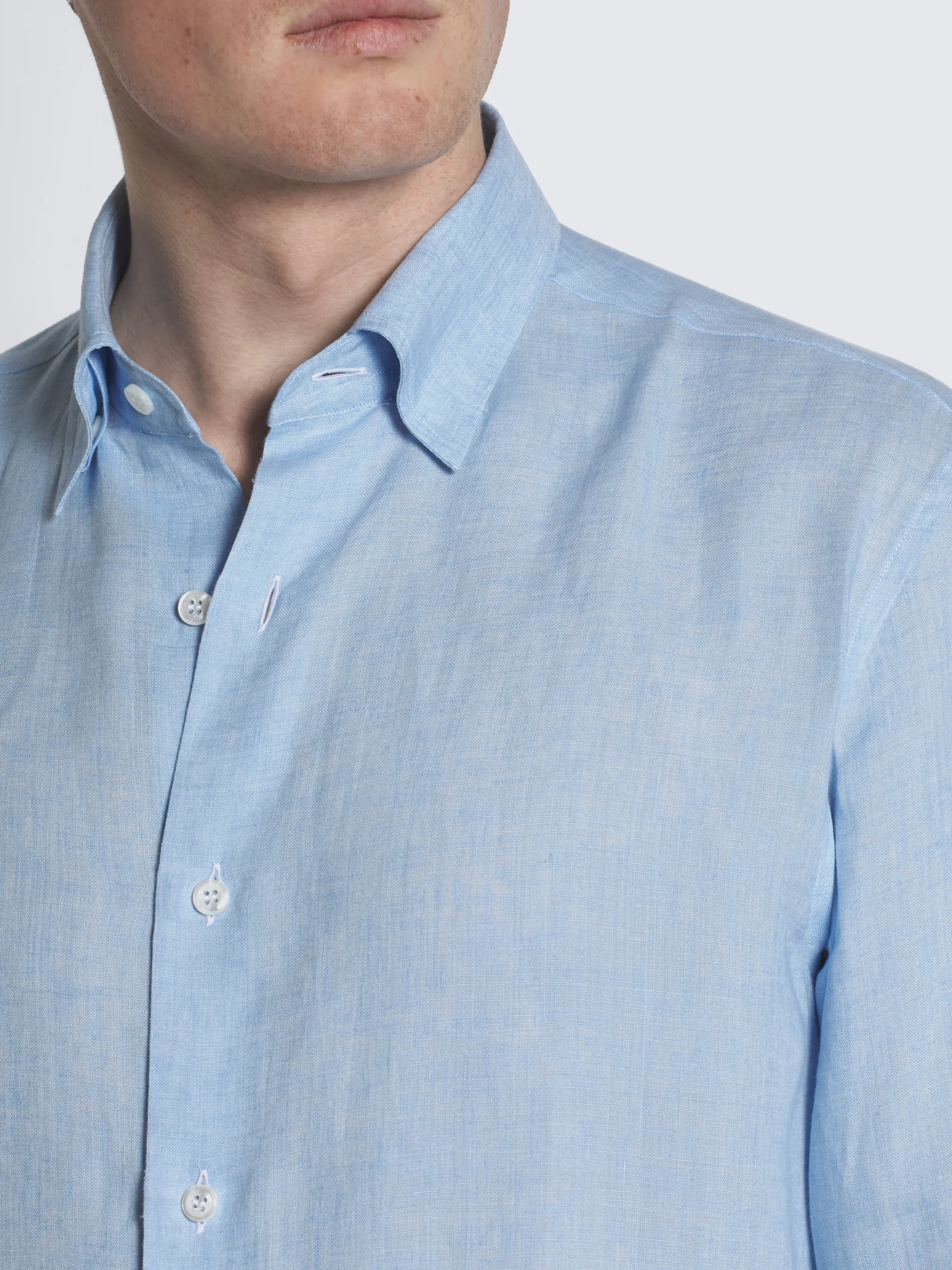 Sky blue linen hidden button-down shirt