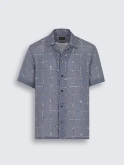 Steel blue and white linen cuban shirt