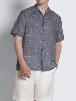 Steel blue and white linen cuban shirt