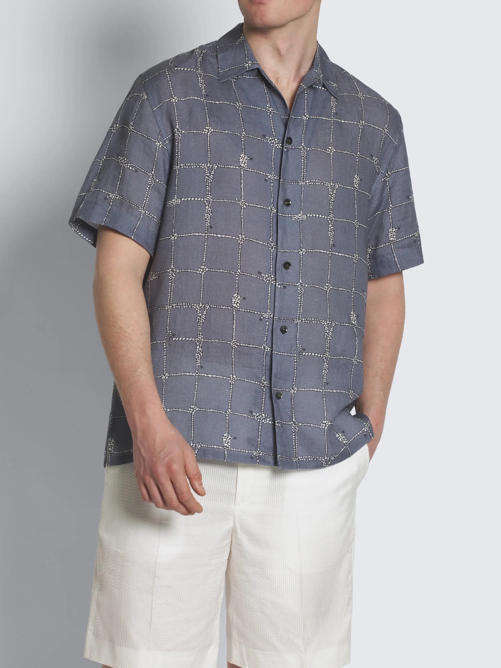 Steel blue and white linen cuban shirt