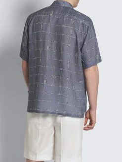 Steel blue and white linen cuban shirt