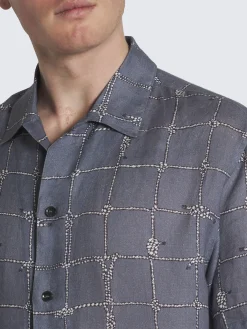 Steel blue and white linen cuban shirt