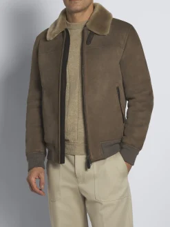 Taupe shearling shirt collar blouson