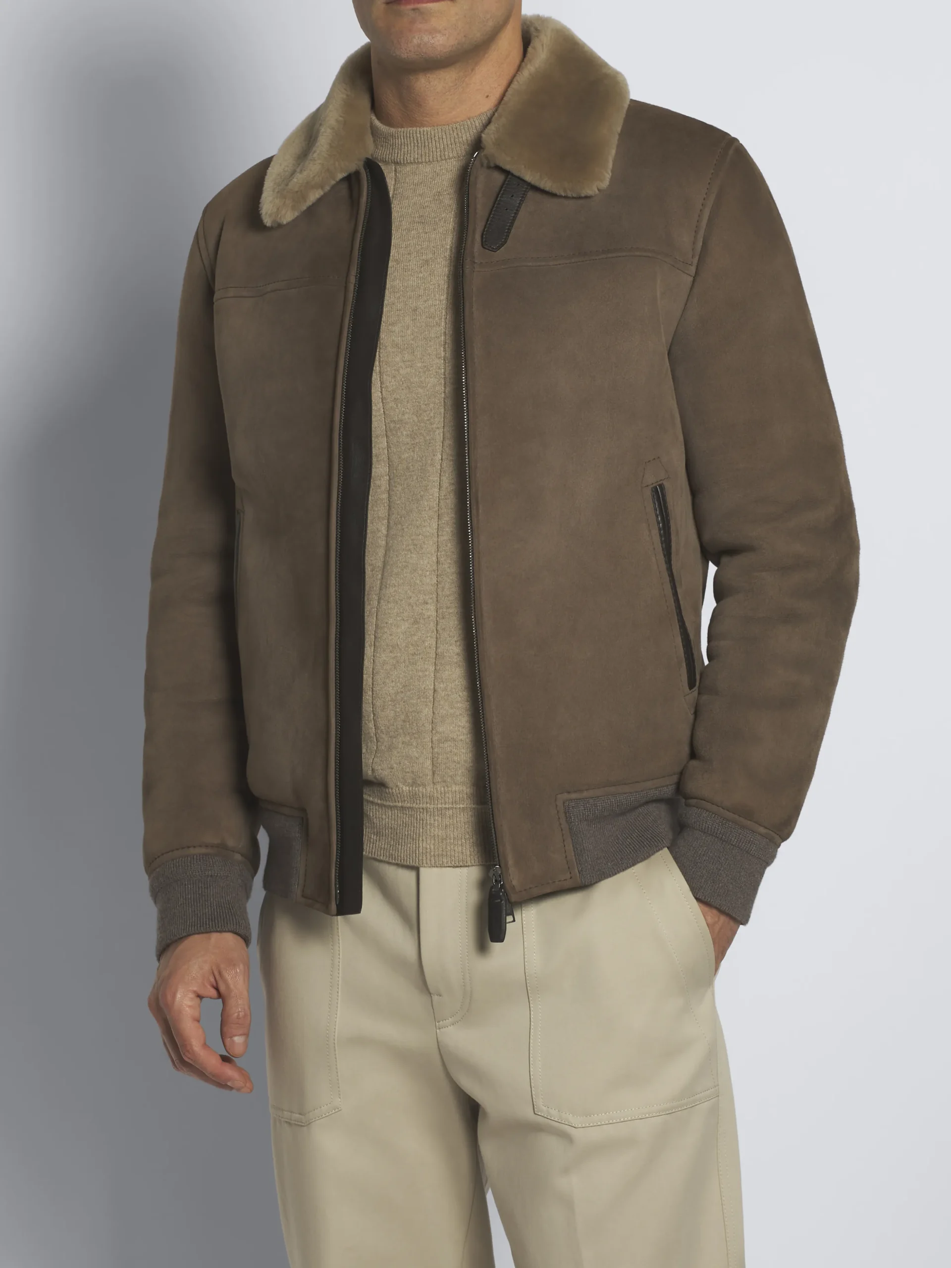 Taupe shearling shirt collar blouson