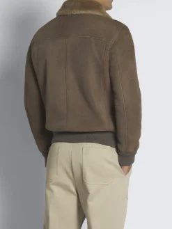 Taupe shearling shirt collar blouson