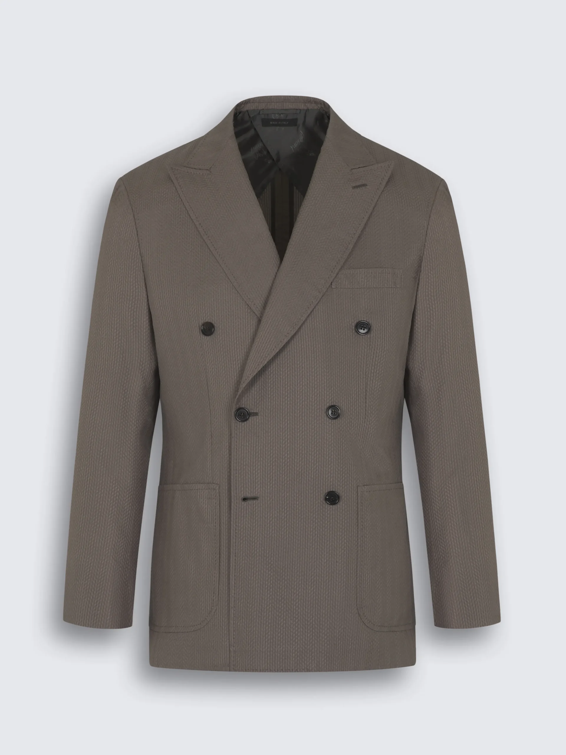 Taupe silk seersucker double-breasted Soffio jacket