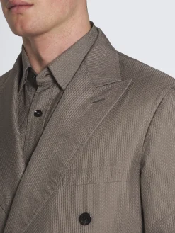 Taupe silk seersucker double-breasted Soffio jacket