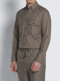 Taupe silk seersucker militry shirt