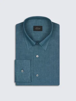 Teal green linen hidden button-down shirt