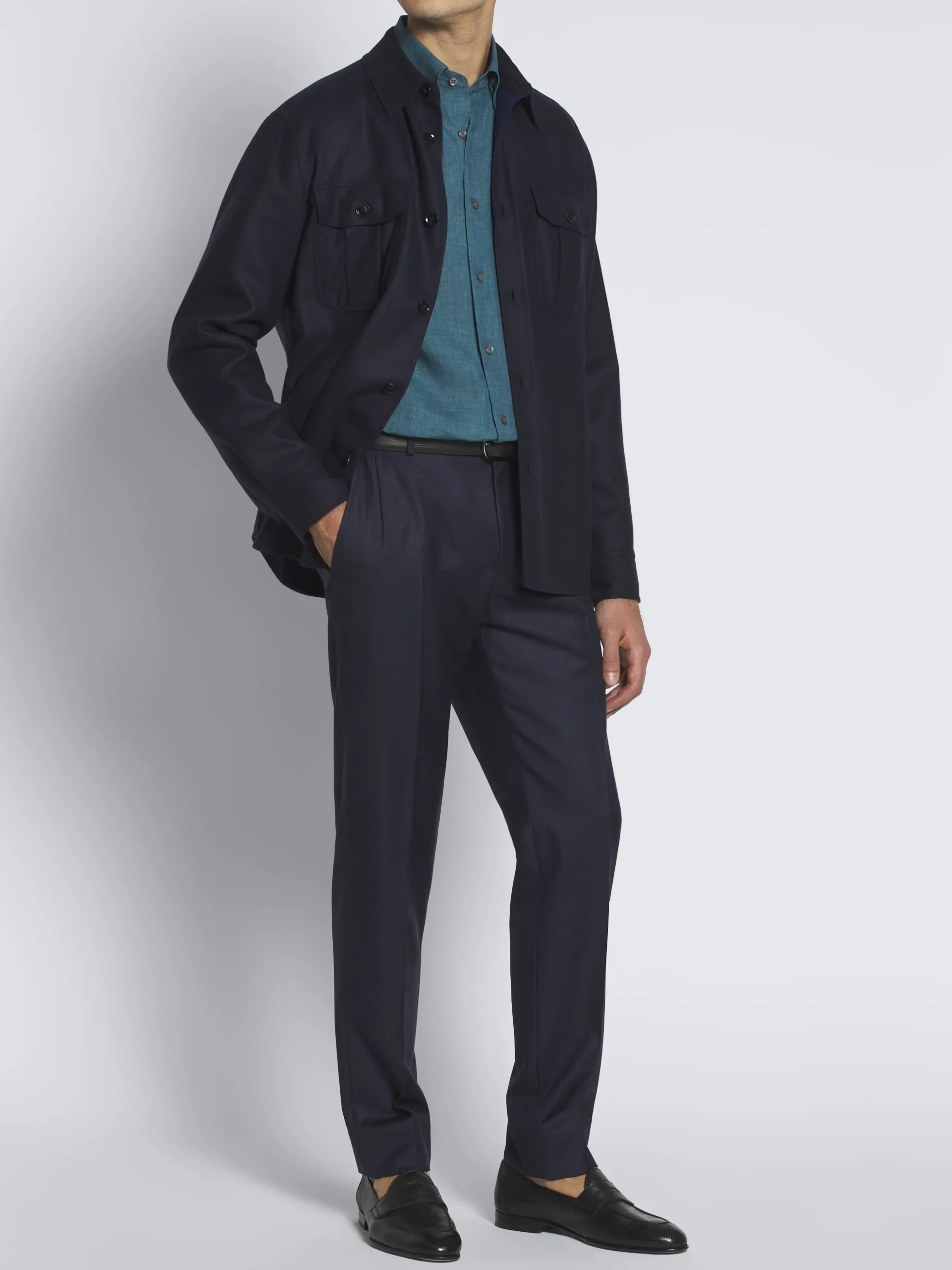 Teal green linen hidden button-down shirt