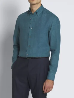 Teal green linen hidden button-down shirt