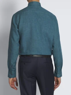 Teal green linen hidden button-down shirt
