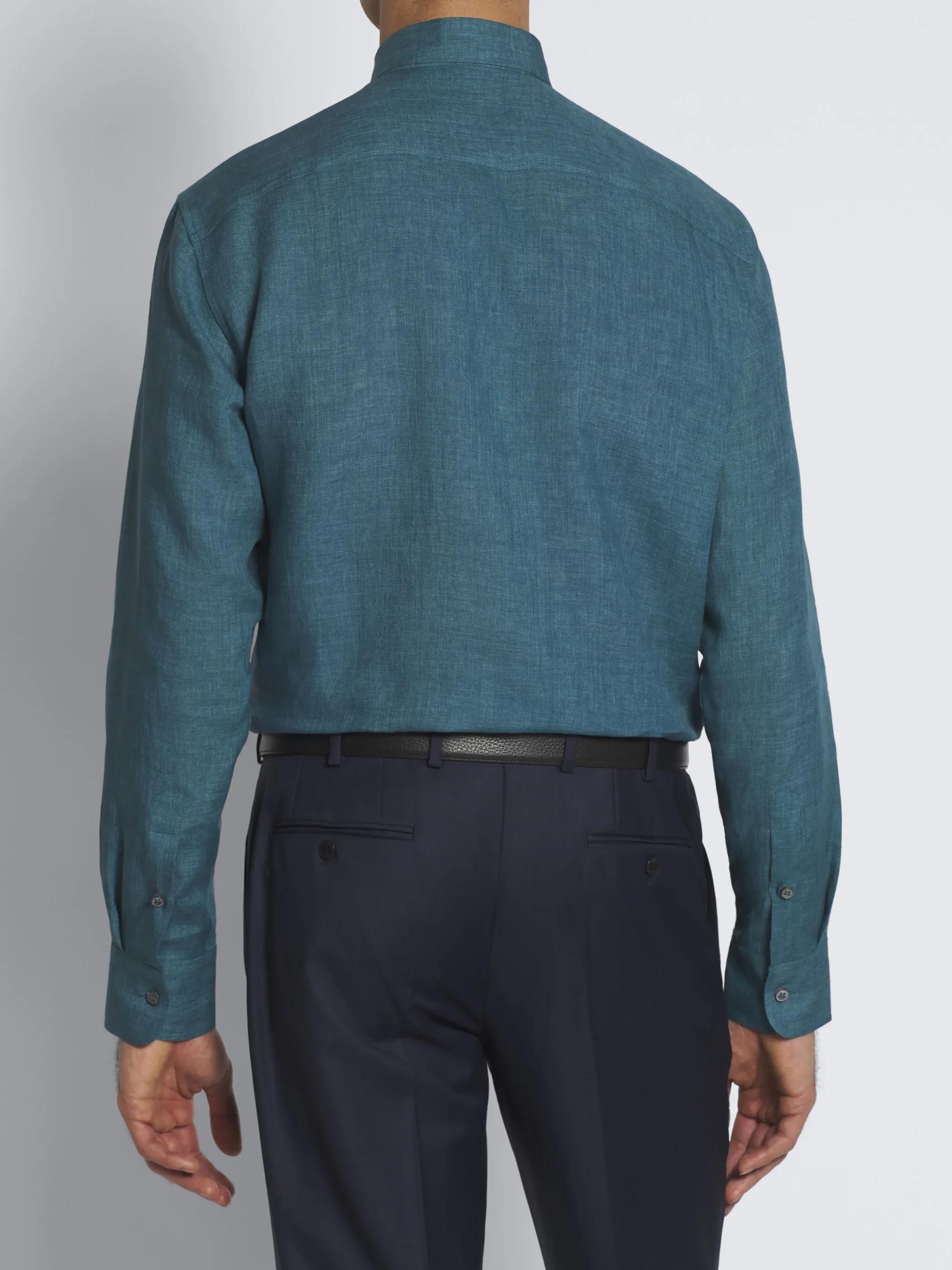 Teal green linen hidden button-down shirt