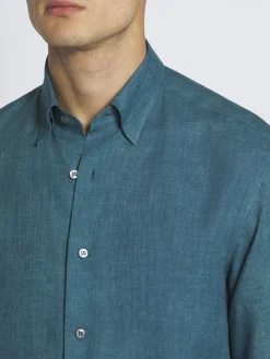 Teal green linen hidden button-down shirt