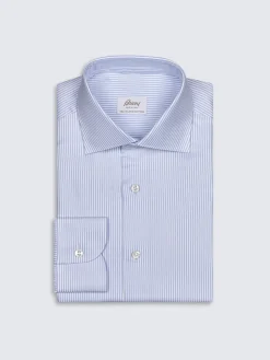 White and light blue striped Sea Island cotton twill formal shirt