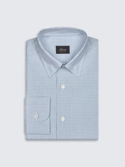 White and petroleum blue checked cotton hidden button-down shirt