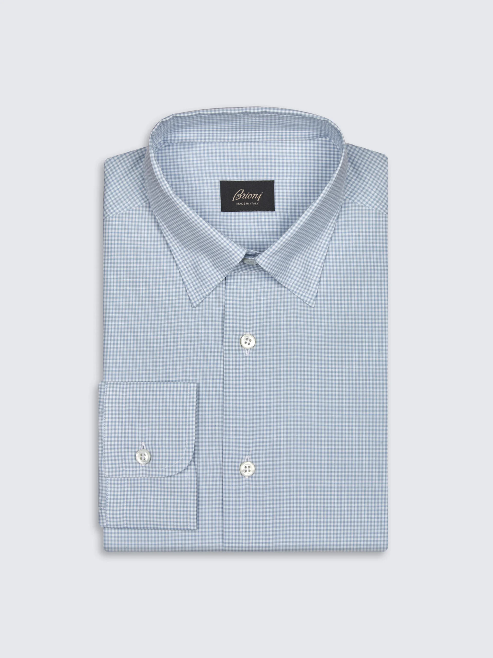 White and petroleum blue checked cotton hidden button-down shirt