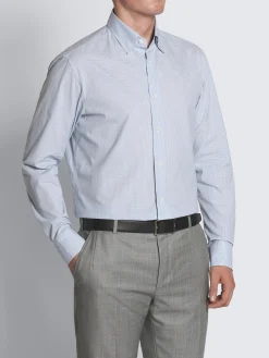 White and petroleum blue checked cotton hidden button-down shirt