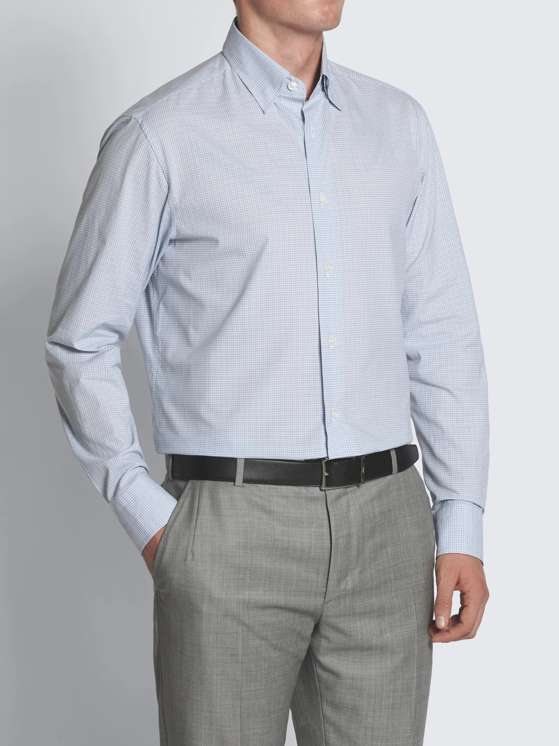 White and petroleum blue checked cotton hidden button-down shirt