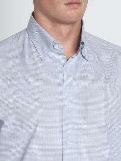 White and petroleum blue checked cotton hidden button-down shirt