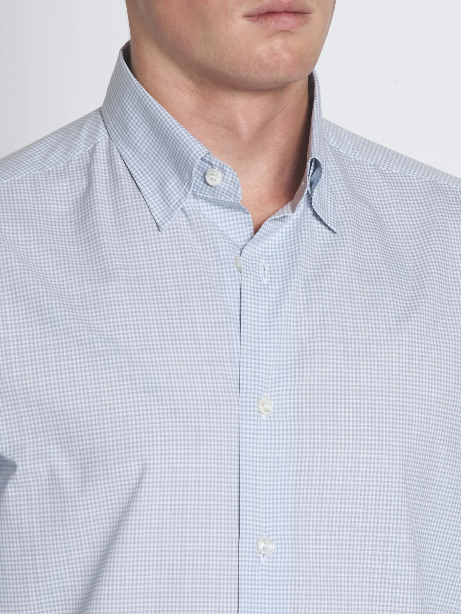 White and petroleum blue checked cotton hidden button-down shirt