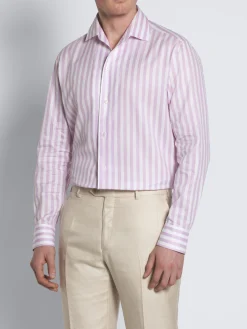 White and pink striped cotton and linen Capri collar shirt