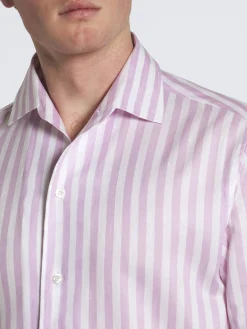 White and pink striped cotton and linen Capri collar shirt
