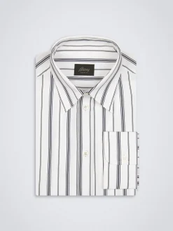 White, navy blue and lead grey striped cotton shirt