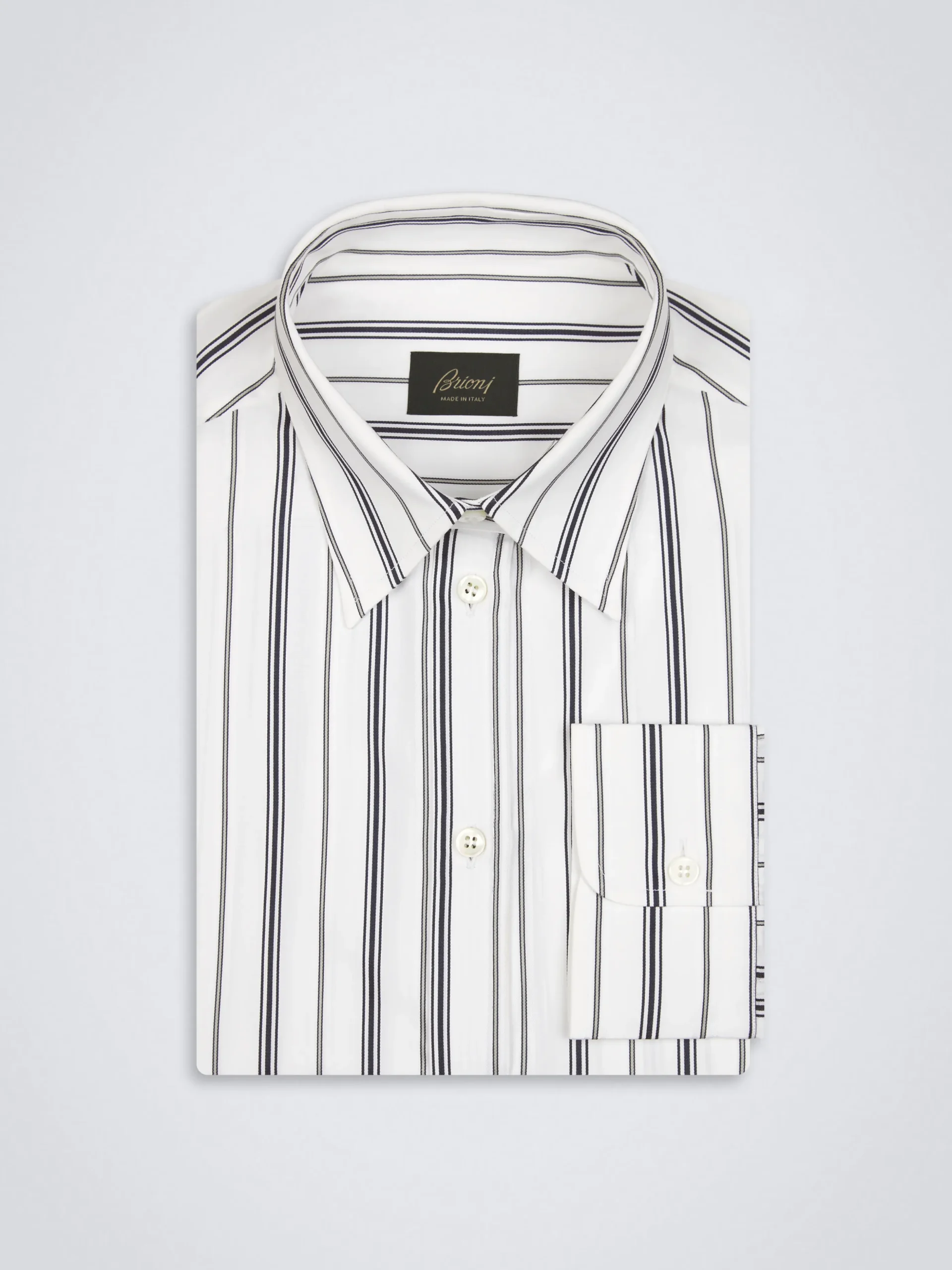 White, navy blue and lead grey striped cotton shirt