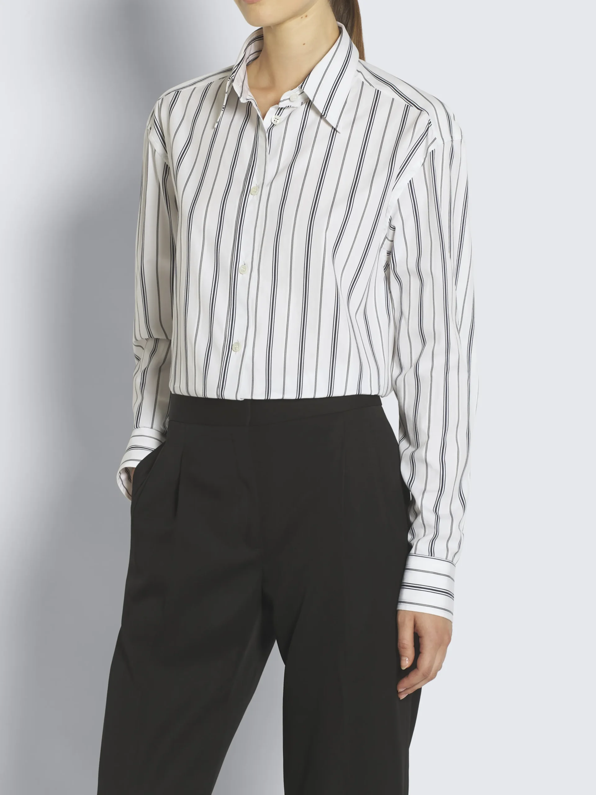 White, navy blue and lead grey striped cotton shirt