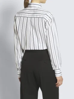 White, navy blue and lead grey striped cotton shirt